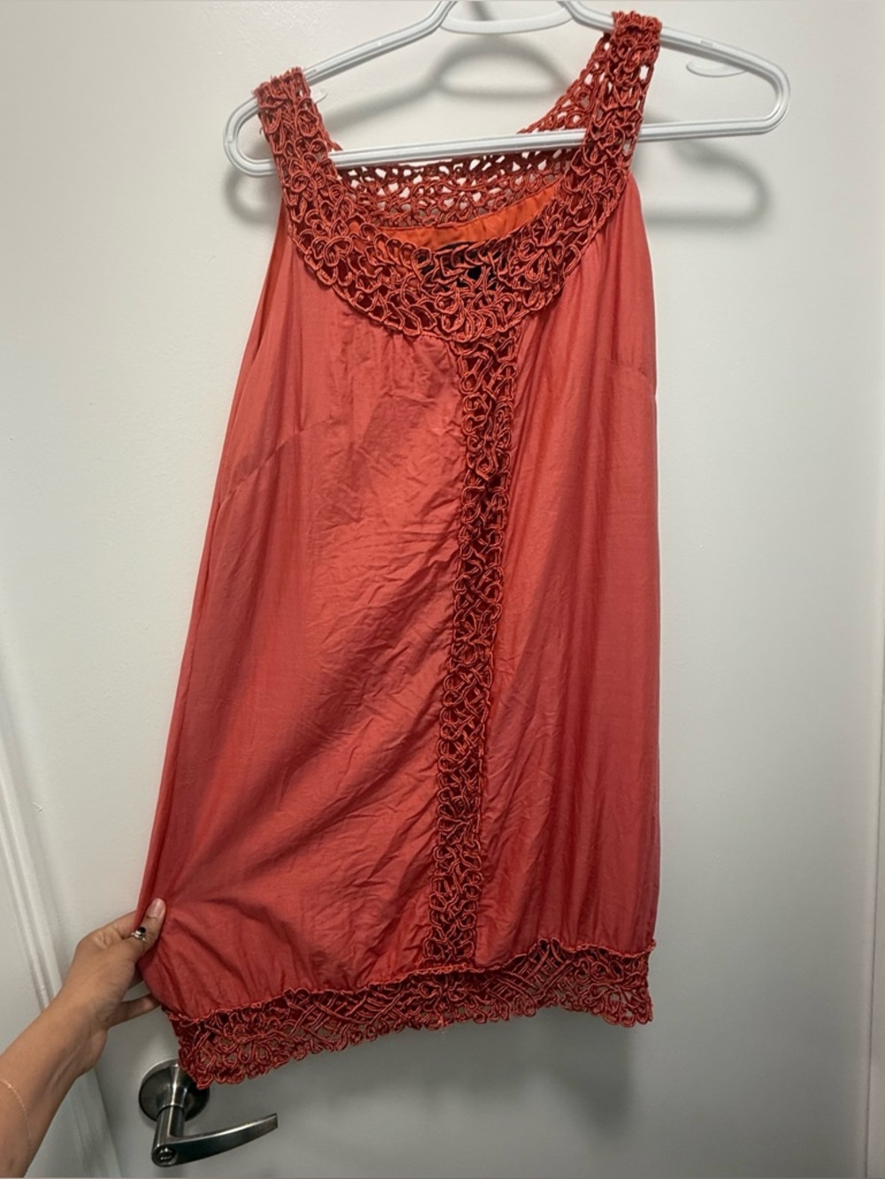 SHULAMI Silk-Cotton Boho Tunic Dress – Crochet Detailing – Coral / Terracotta L